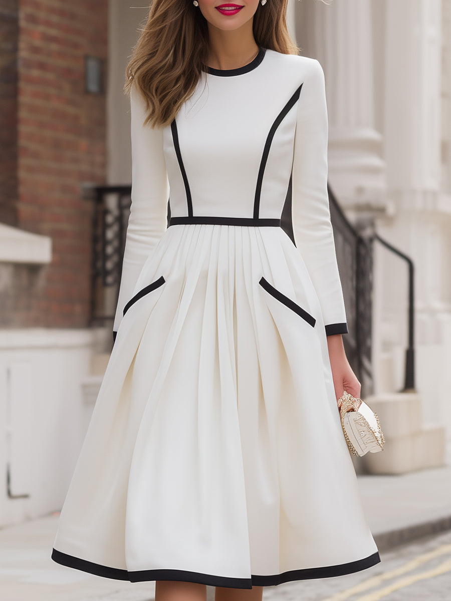 Contrast Trim Structured A-Line Midi Dress