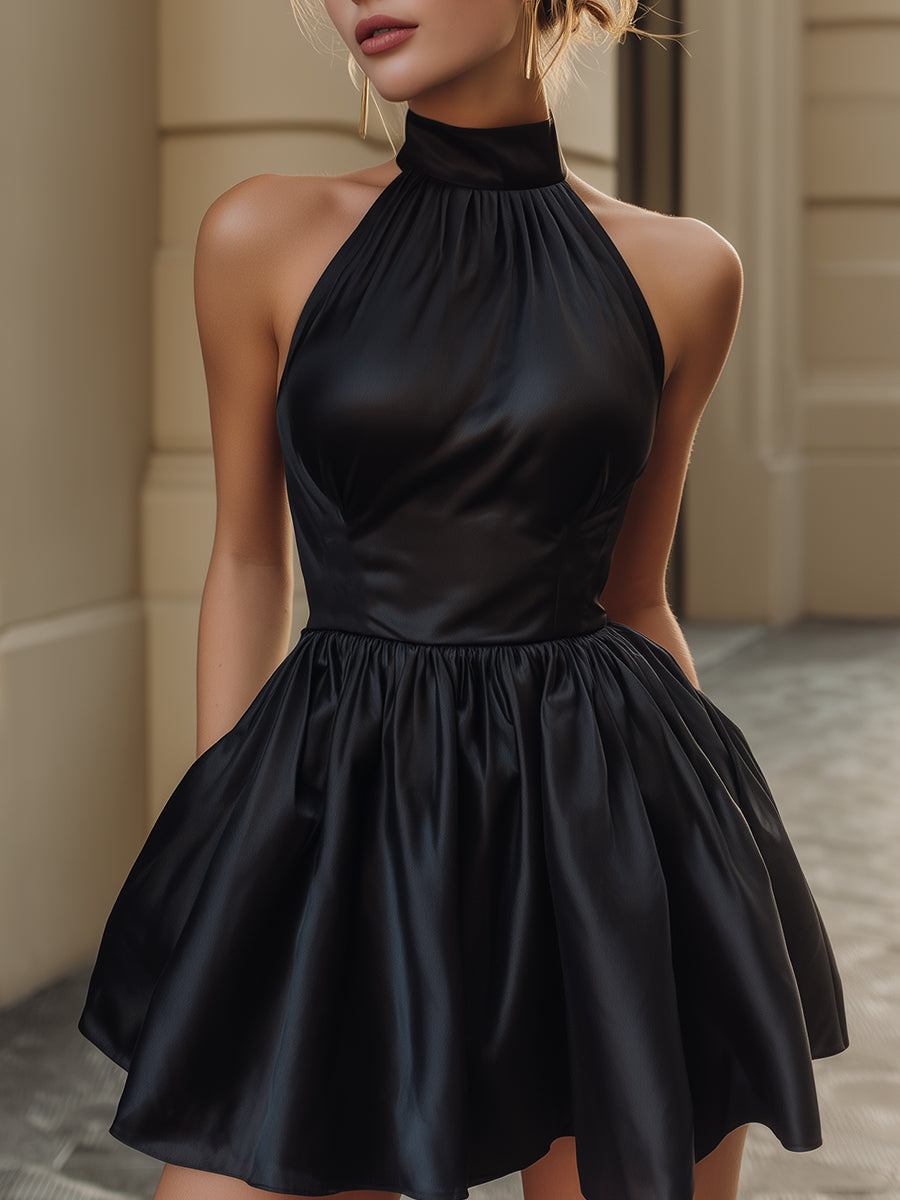 Elegant High-Neck Satin Bubble Mini Dress