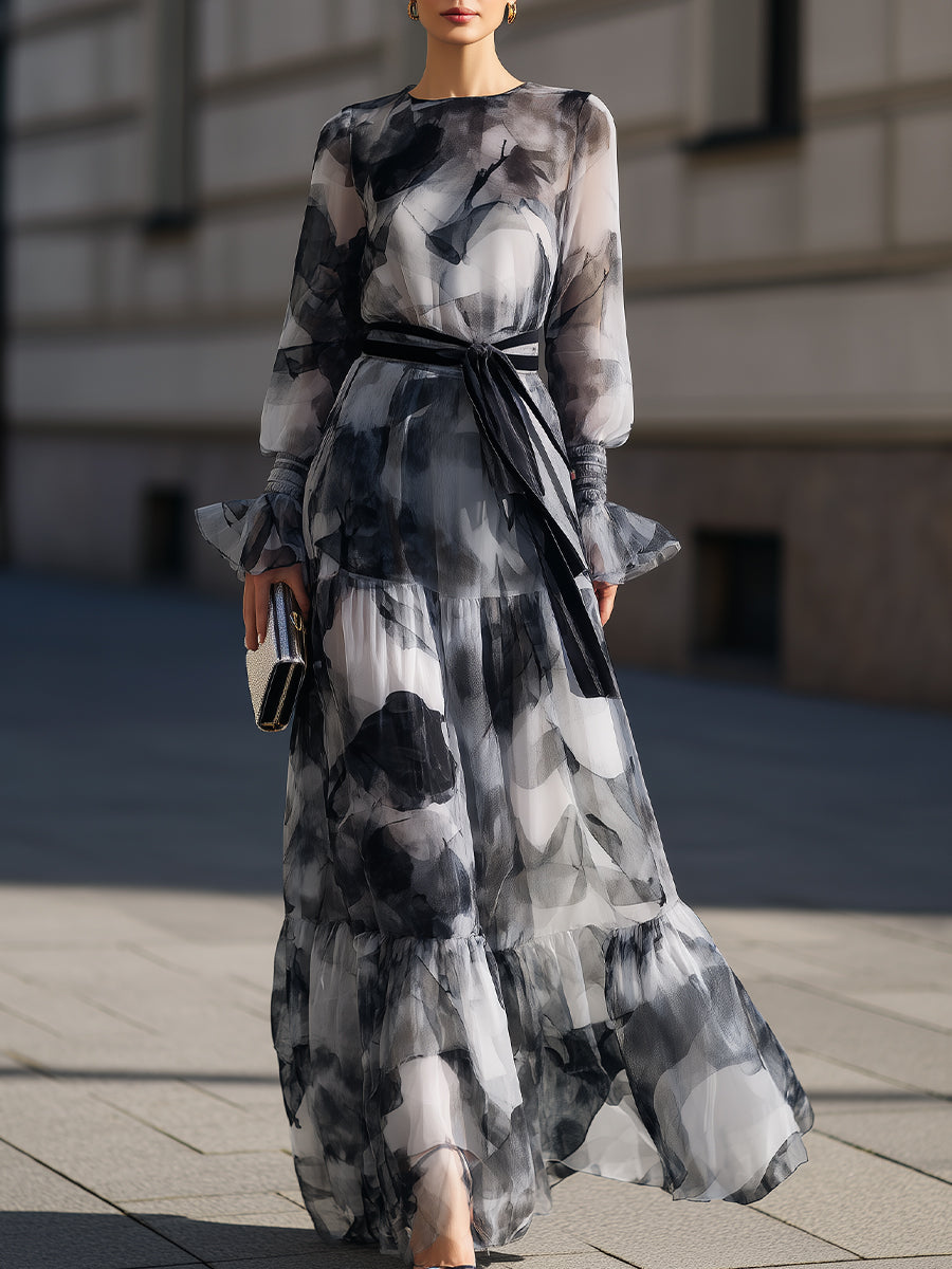 Abstract Print Tie Waist Maxi Dress