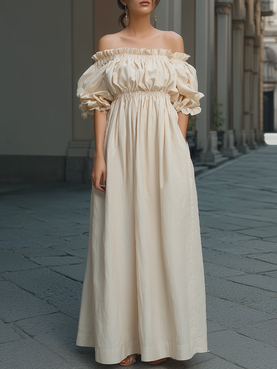 Off-Shoulder Smocked Maxi Dress With Puff Sleeves