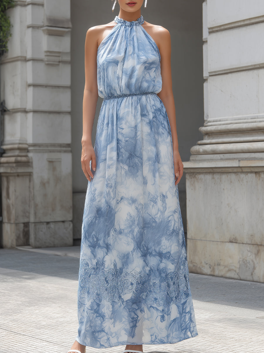 Graceful Marble Print Halter Maxi Dress