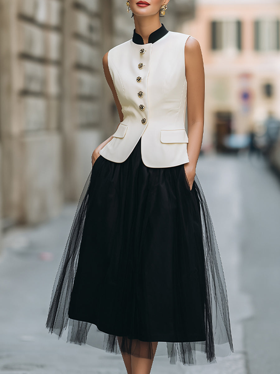 Modern Monochrome Contrast Vest & Tulle Midi Skirt Set