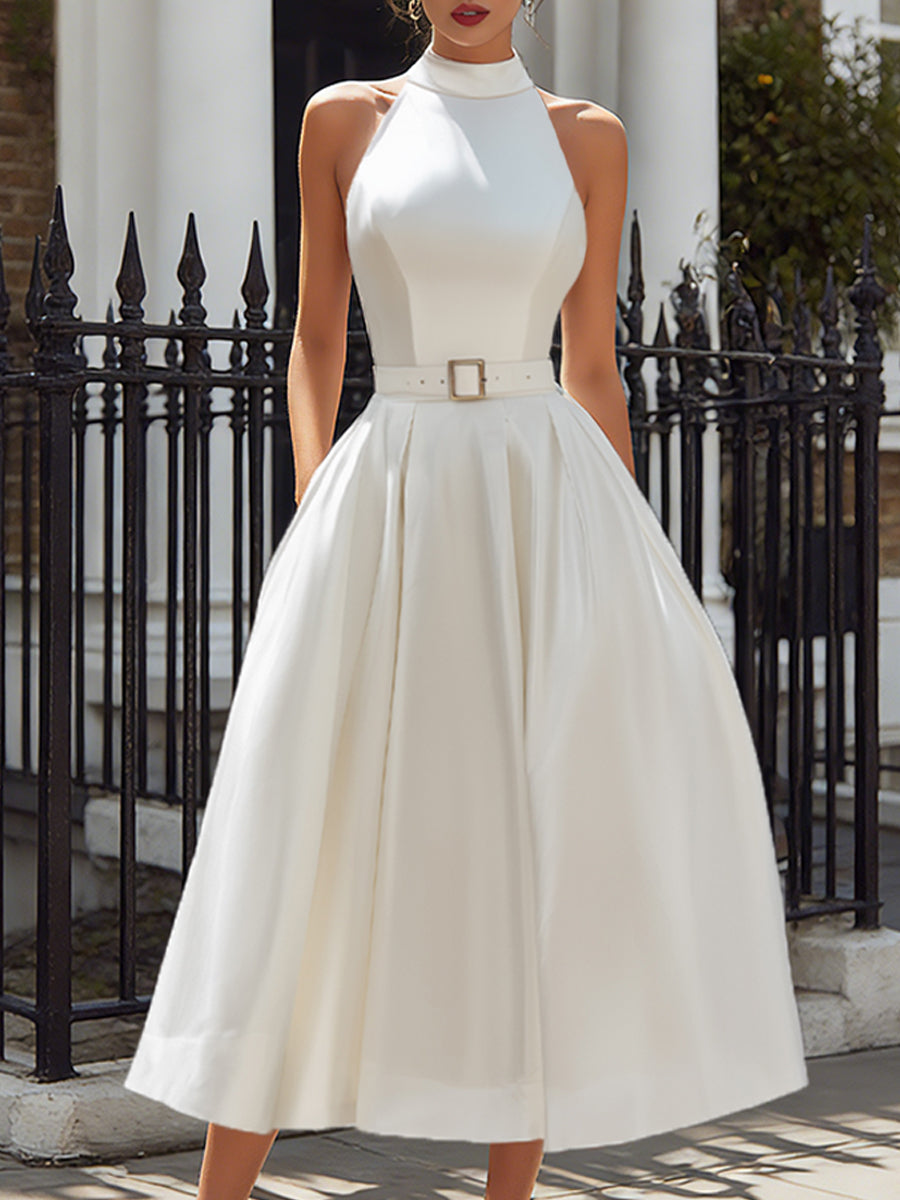 Ethereal Grace Halter-Neck Satin Midi Dress With Belted Waist