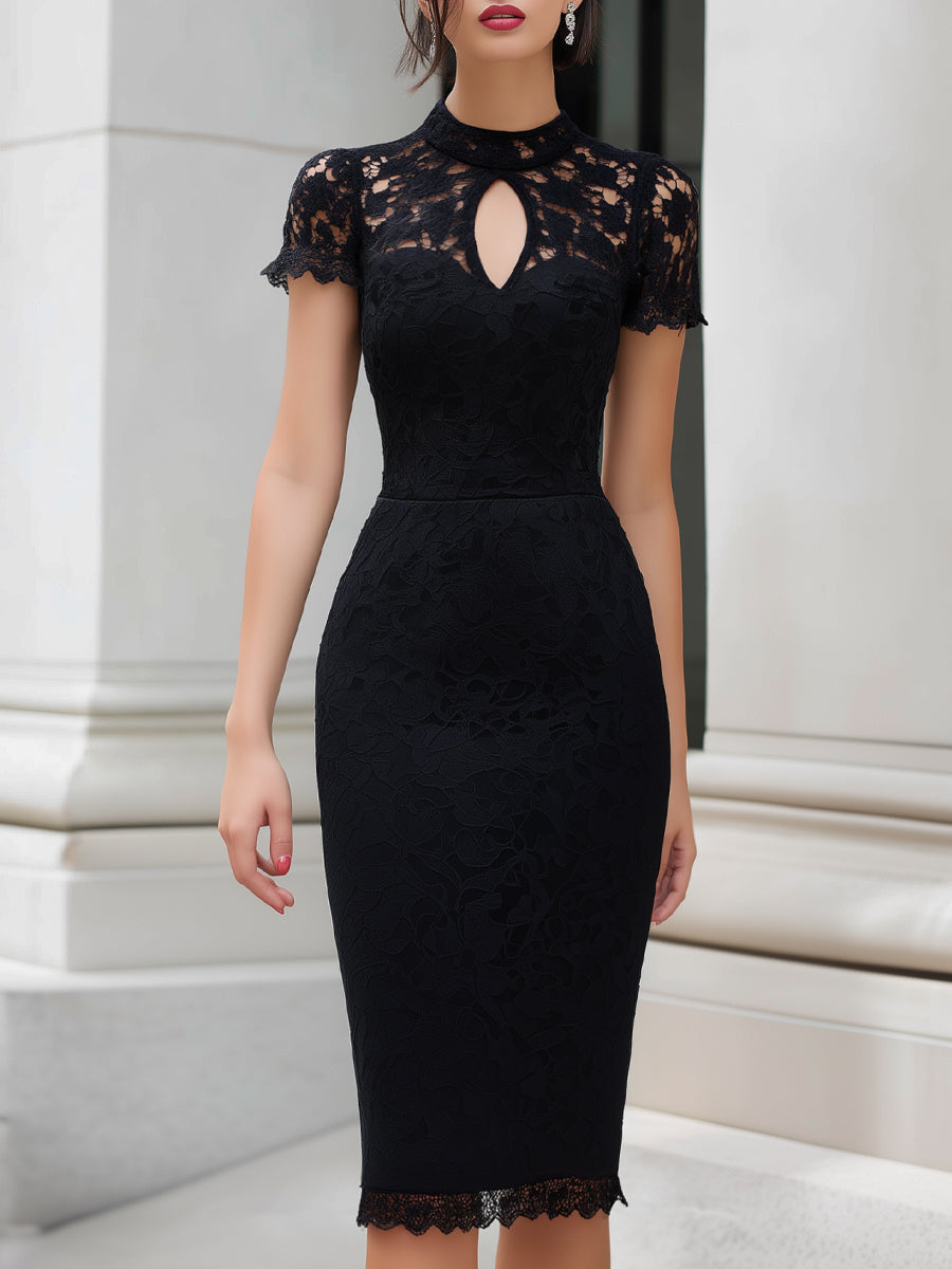 High-Neck Lace Keyhole Elegant Midi Dress