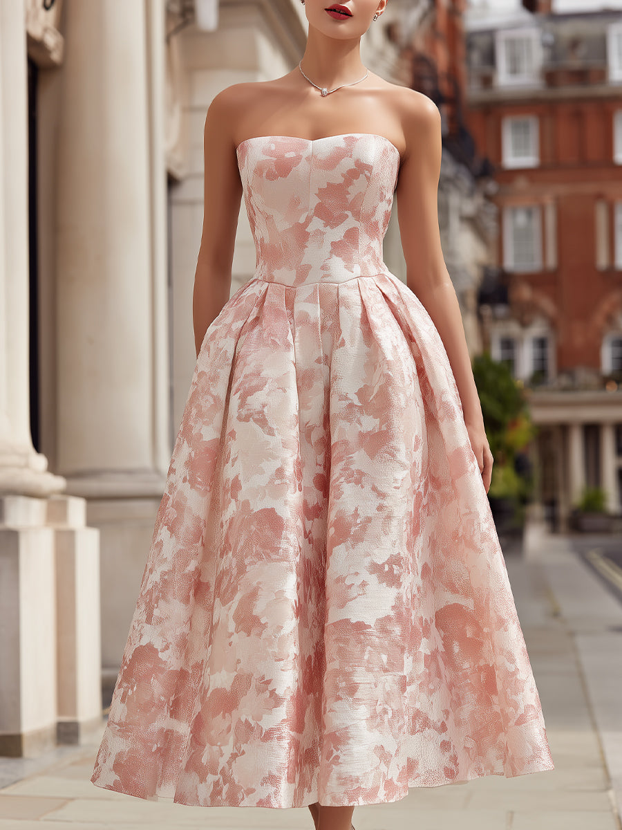 Strapless Floral Jacquard A-Line Midi Dress