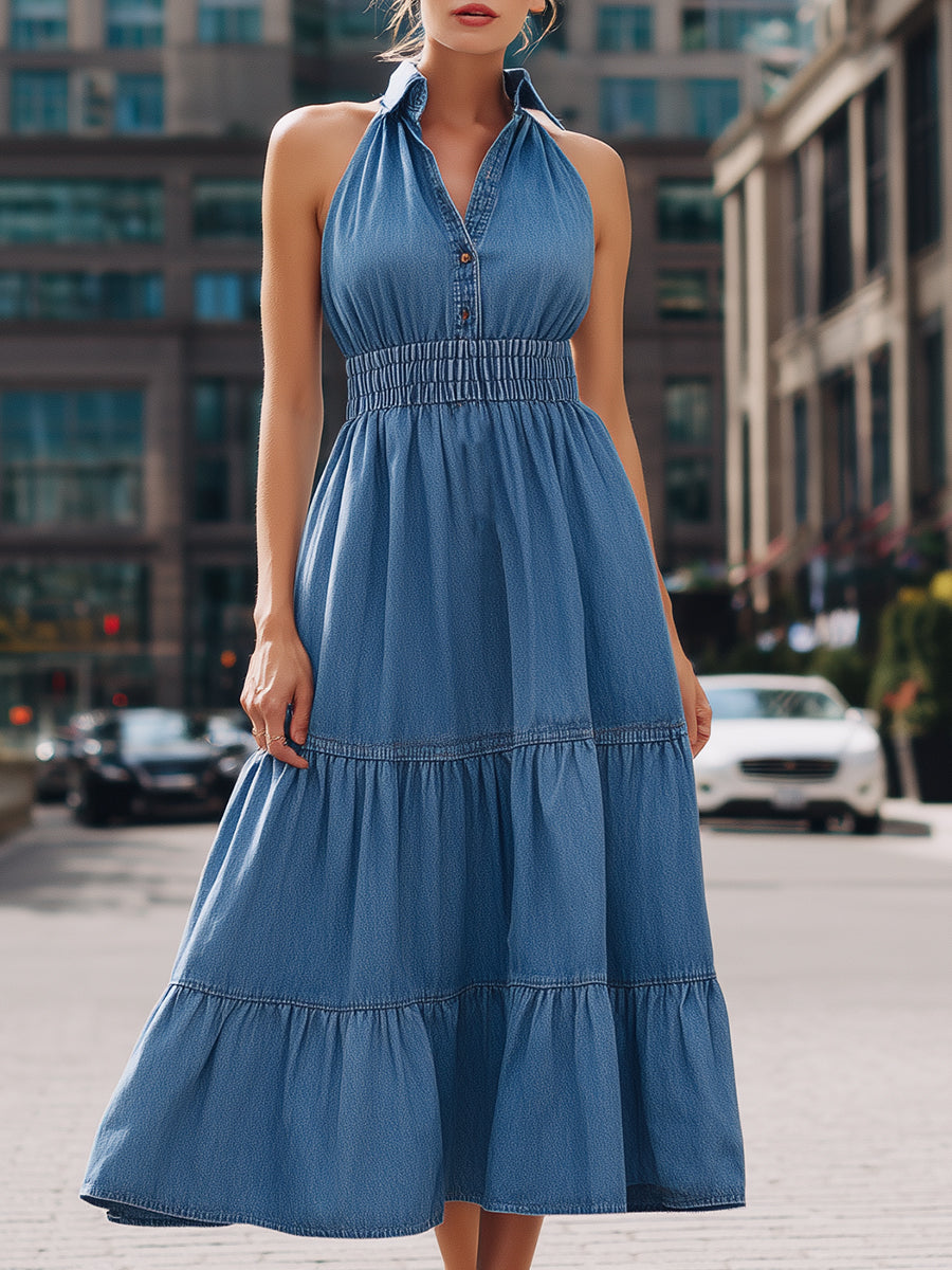 Halter Neck Tiered Denim Maxi Dress