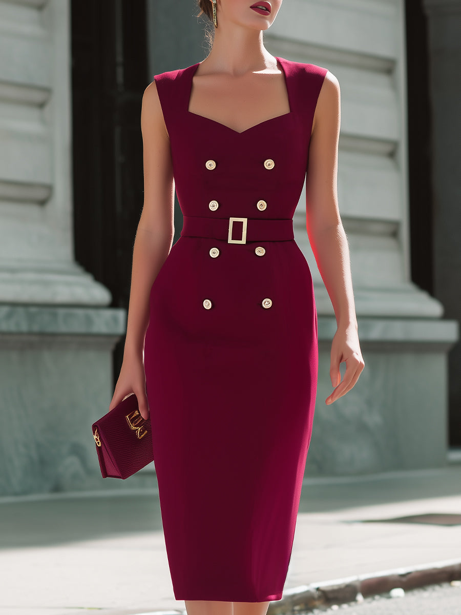 Burgundy Sleeveless Square-Neck Double-Breasted Midi Dress