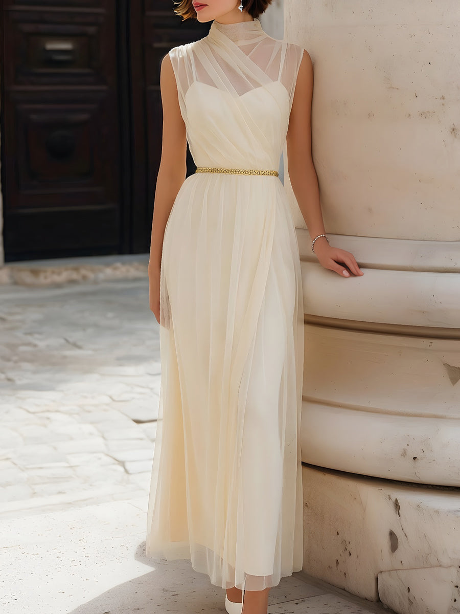 Illusion High-Neck Draped Mesh Maxi Dress