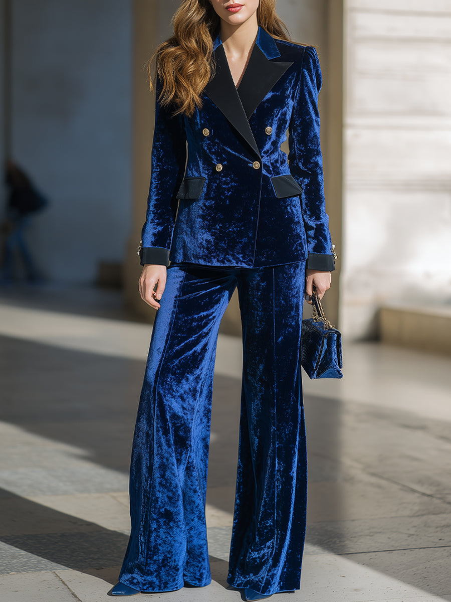 Double-Breasted Velvet Tailored Blazer Set With Wide-Leg Pants