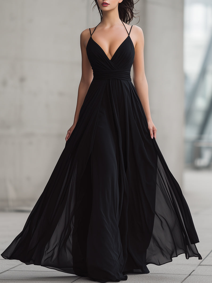 Ethereal Black Chiffon Spaghetti-Strap Evening Gown