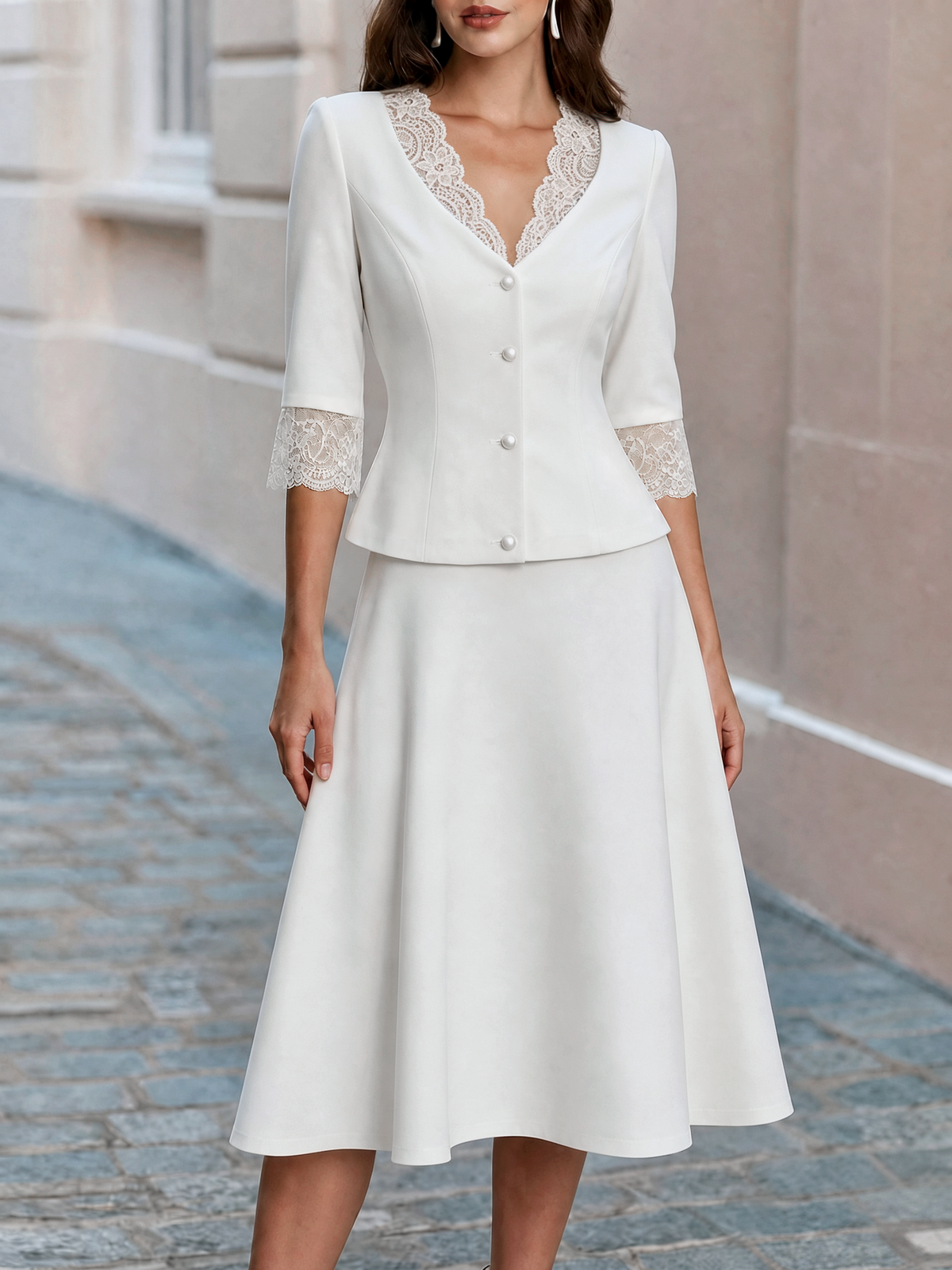 Lace Trim V-Neck Pearl Button  Blazer & Flared Midi Skirt Two-Piece Suit