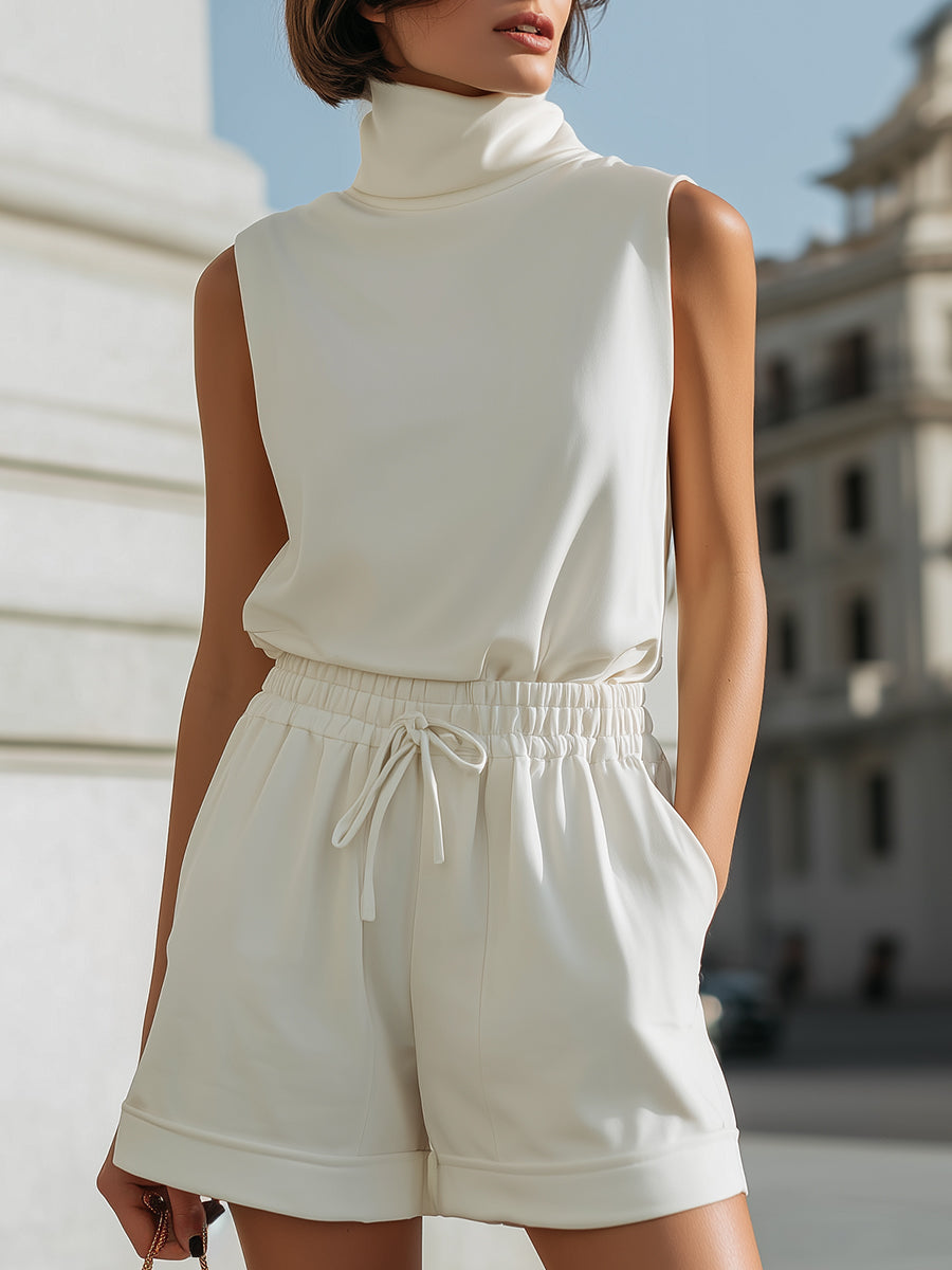 Minimalist Turtleneck Vest & Drawstring Short Set