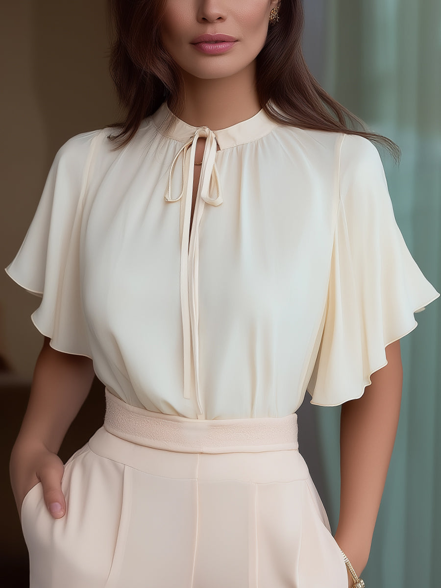 Tie-Neck Flutter Sleeve Elegant Blouse