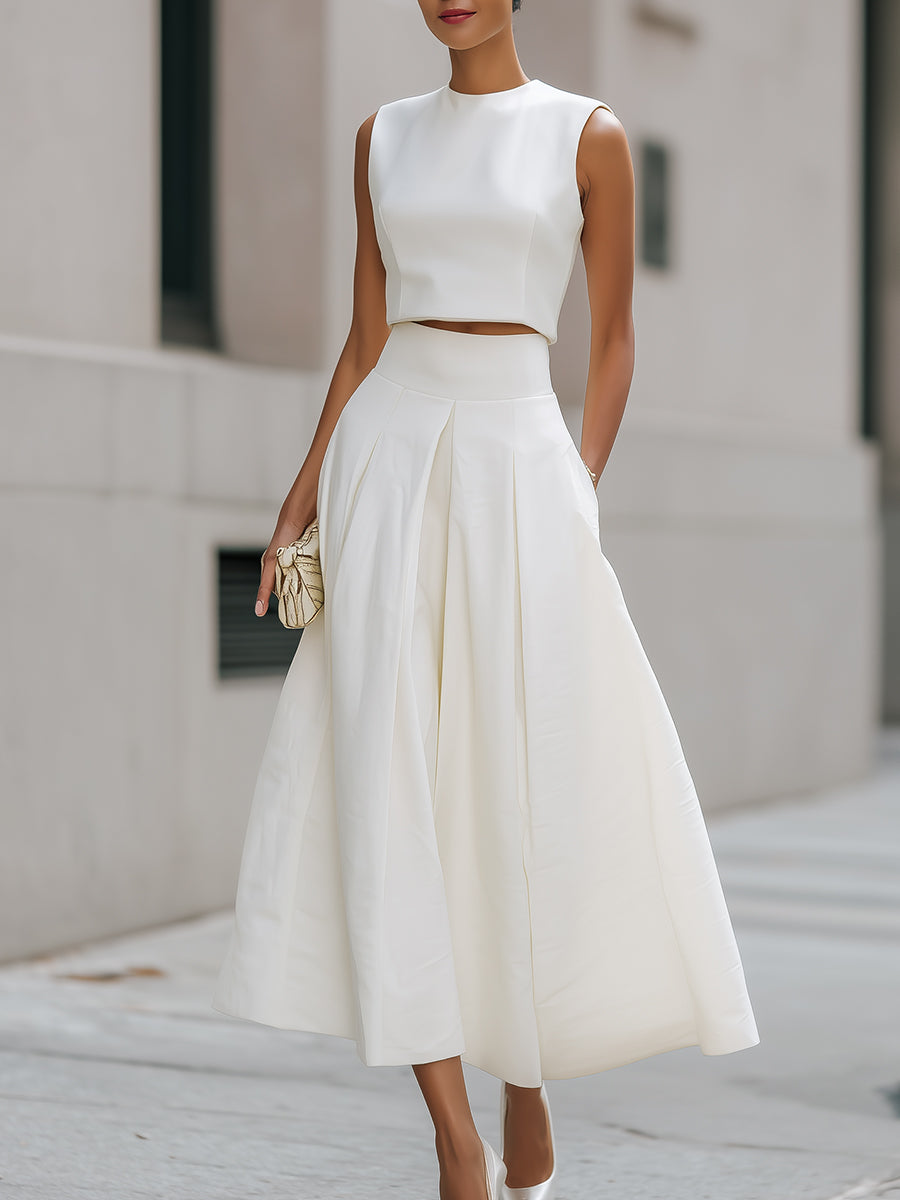 Sleeveless Cropped Top And Pleated Midi Skirt Set