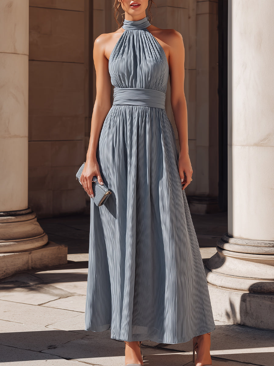 Pleated Halter Neck A-Line Maxi Dress
