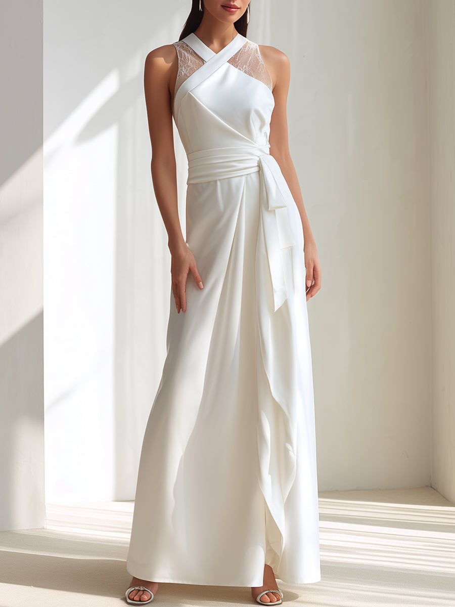 White Cross-Neck Lace Panel Wrap Maxi Dress