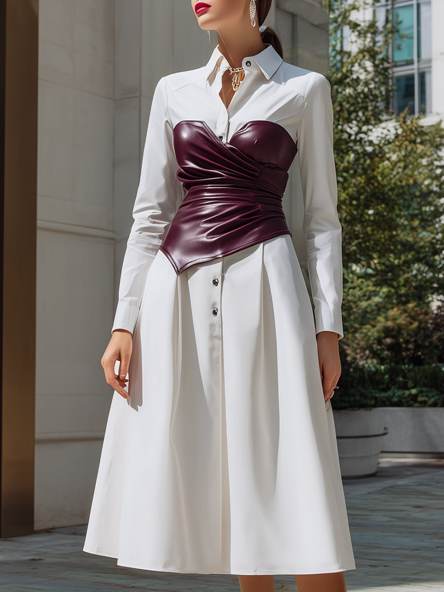 White Shirt Dress With Wine-Red Sculpted Leather Corset Two-Piece Set
