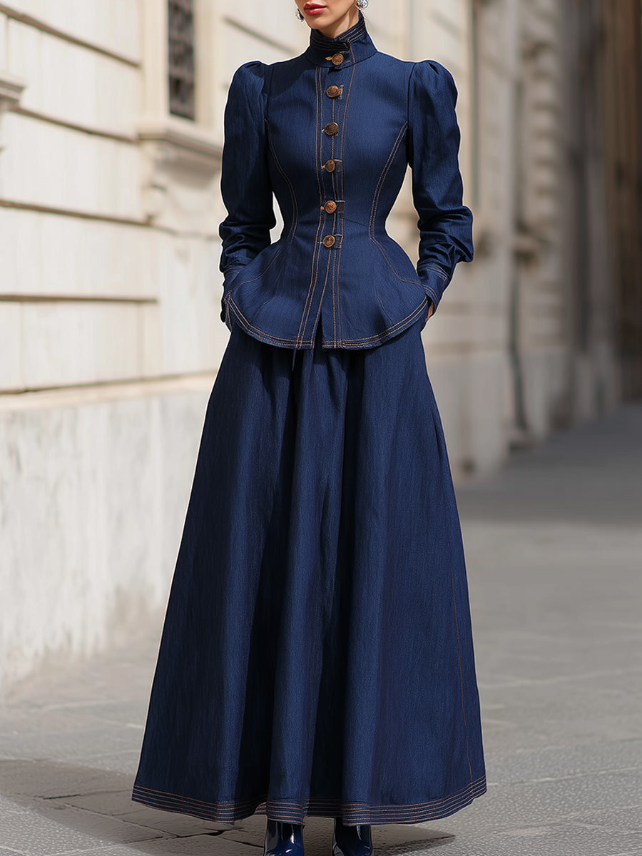 High-Collar Structured Denim Jacket & Maxi Skirt Set