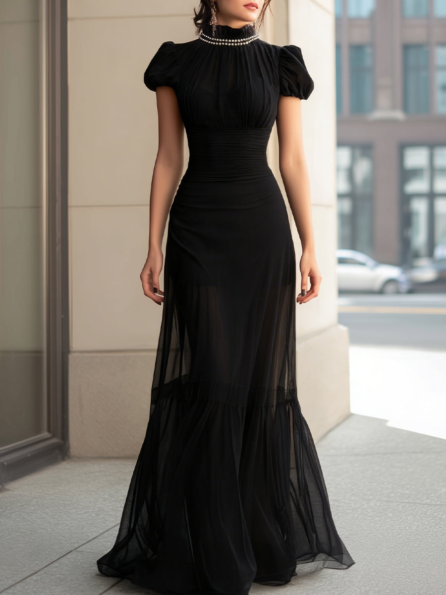 High-Neck Pearl-Trim Puff-Sleeve Sheer Panel Evening Gown