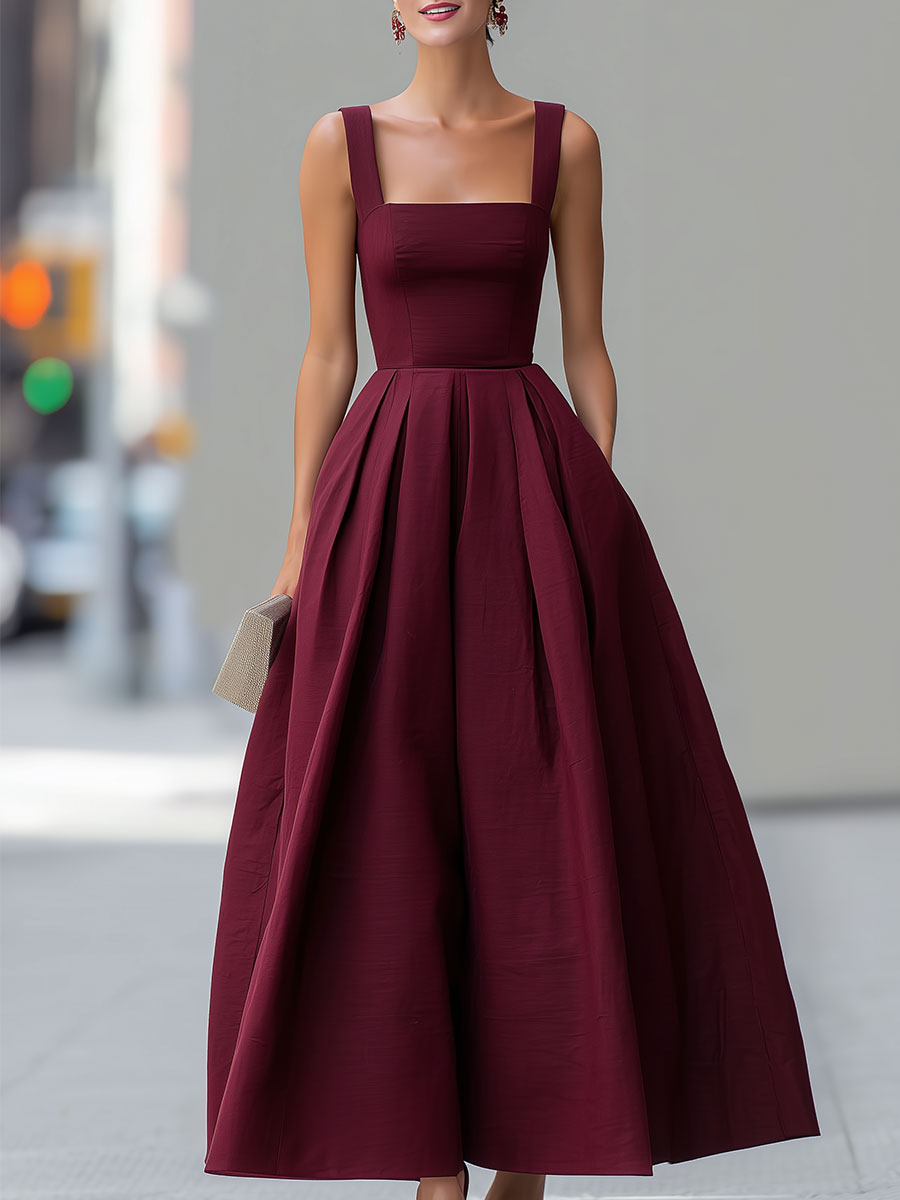 Burgundy Structured Square-Neck Midi Ball Gown Dress