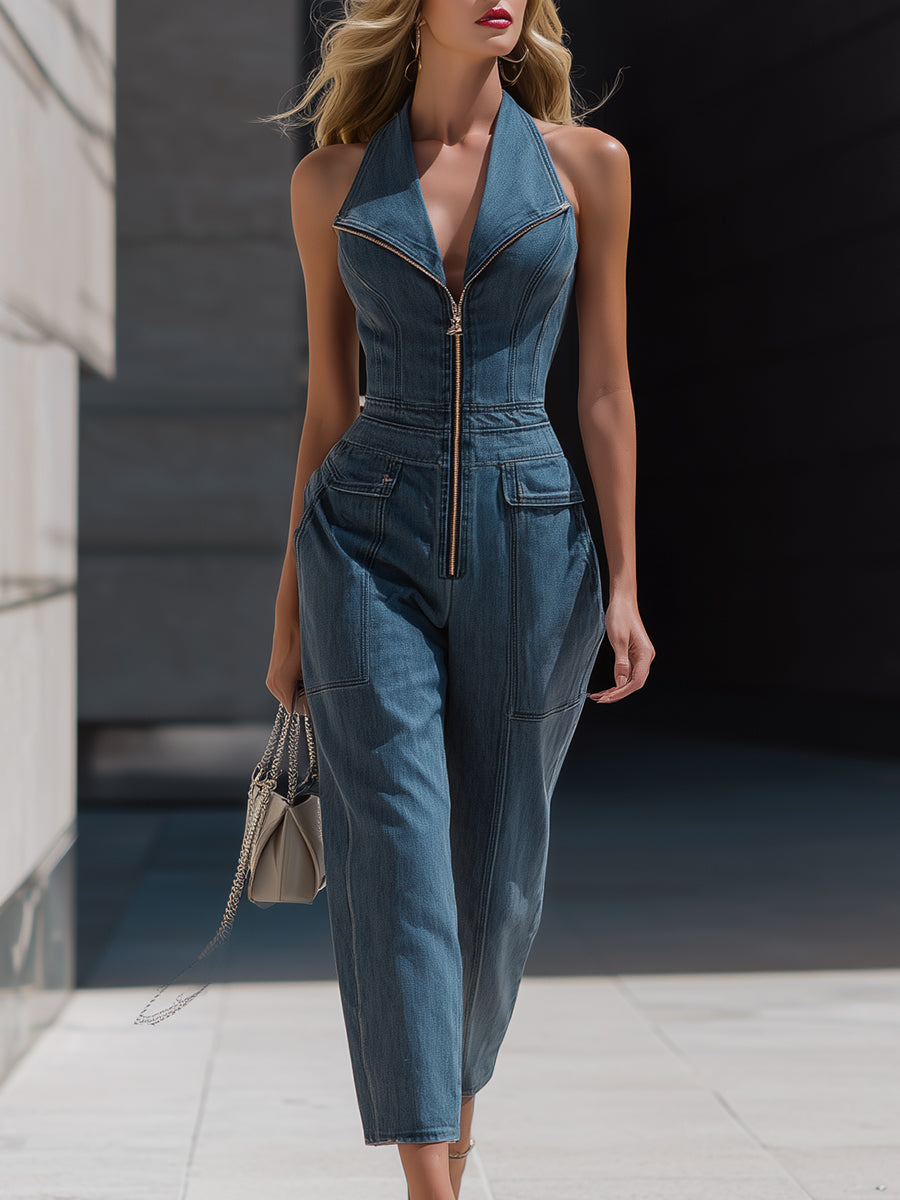Denim Halter Neck Zip-Front Cropped-Leg Jumpsuit