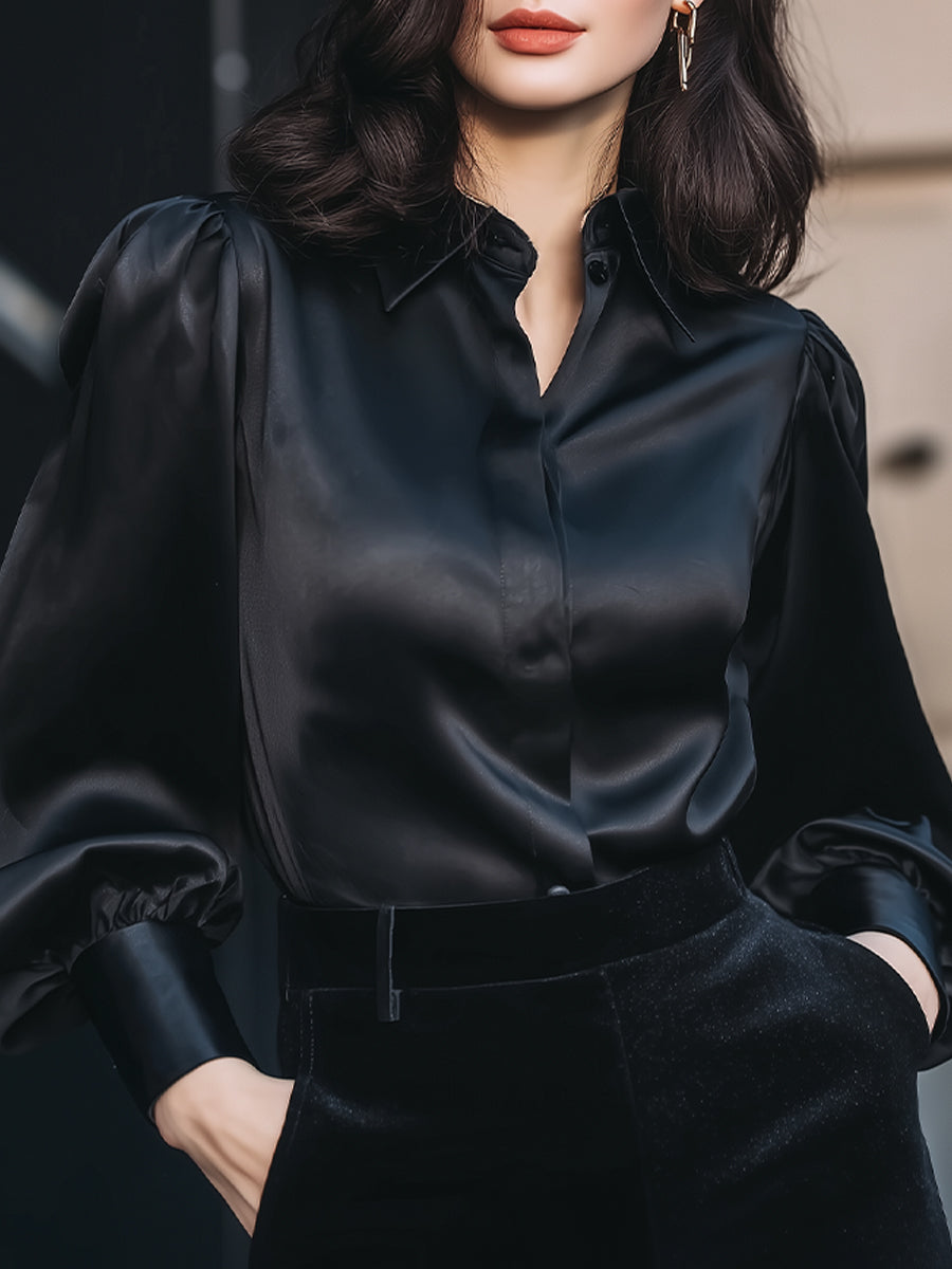 Luxury Satin Puff-Sleeve Button-Up Blouse