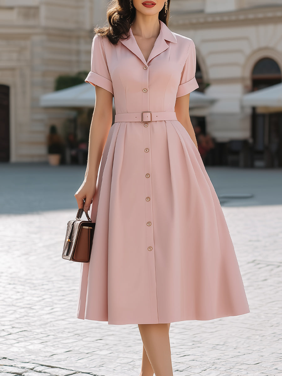Blush Pink Shirt Dress With Belted Waist & Fit-and-Flare Midi Silhouette