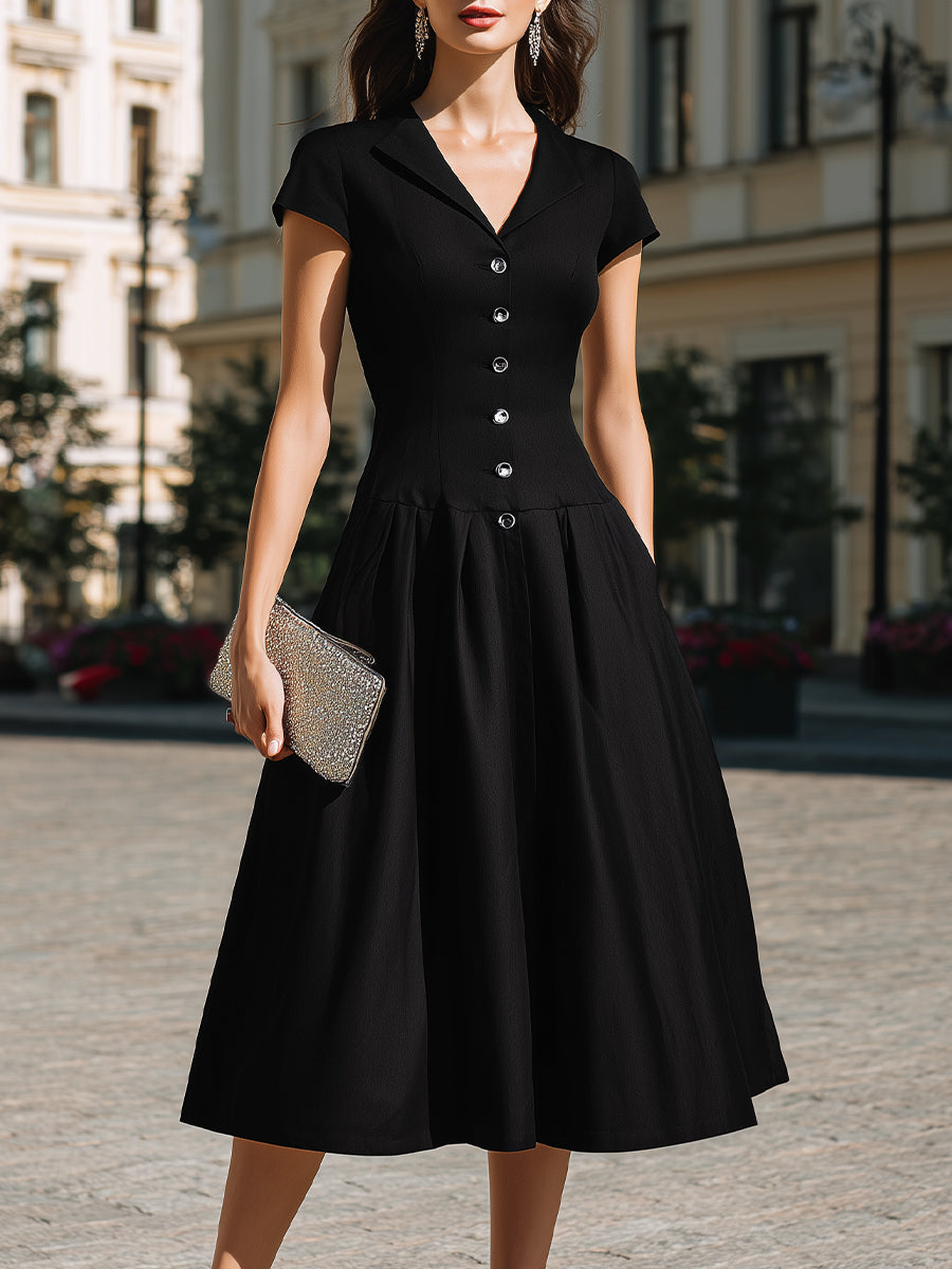 Button-Front Lapel Collar A-Line Midi Dress