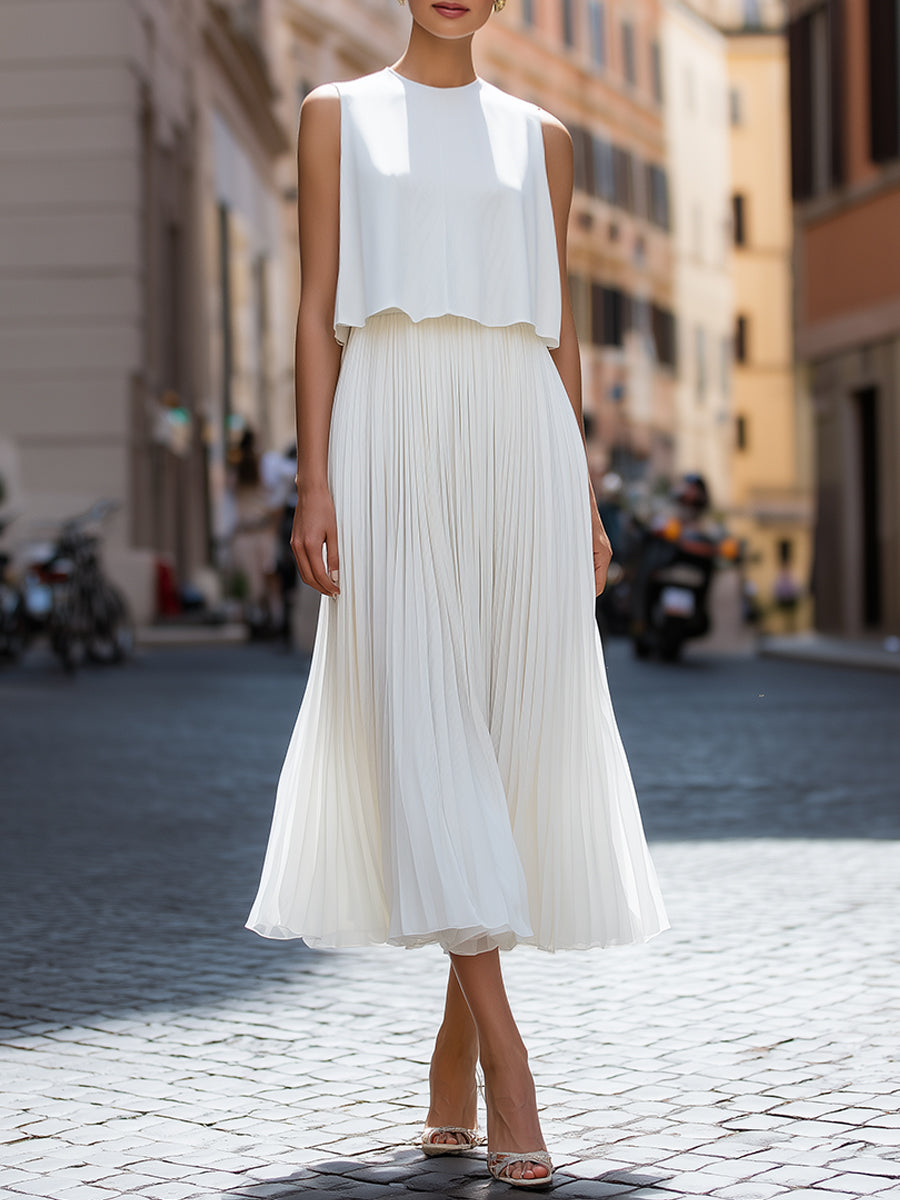 Ethereal Monochromatic Pleated Midi Dress – Minimalist Sleeveless Two-Piece Silhouette