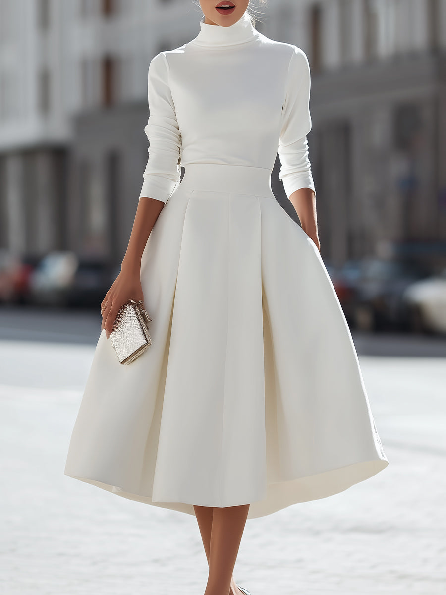 Long Sleeve High-Neck Top And Midi Skirt Two-Piece Set