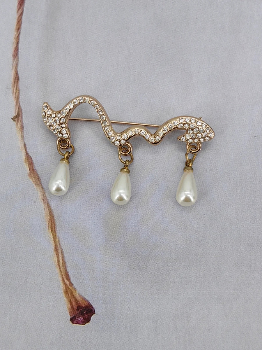 Sculpted Curve Pavé Brooch With Triple Pearl Drops
