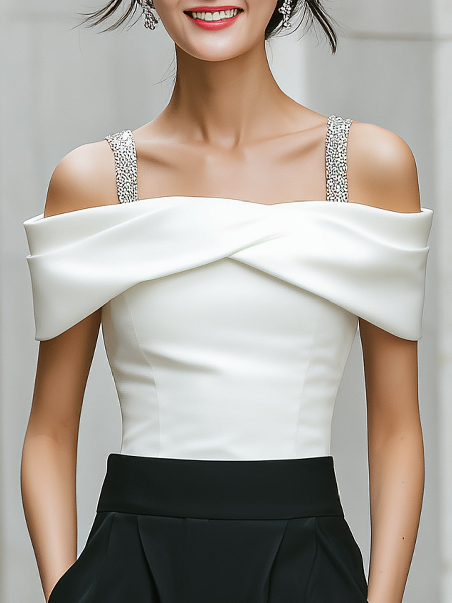 Elegant White Off-Shoulder Camisole Top With Silver Strap Detail