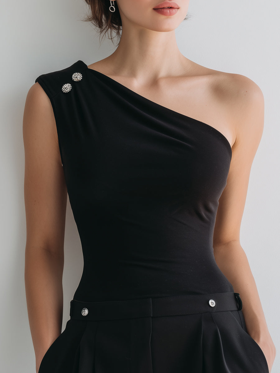 Asymmetrical One-Shoulder Top With Gem Accents