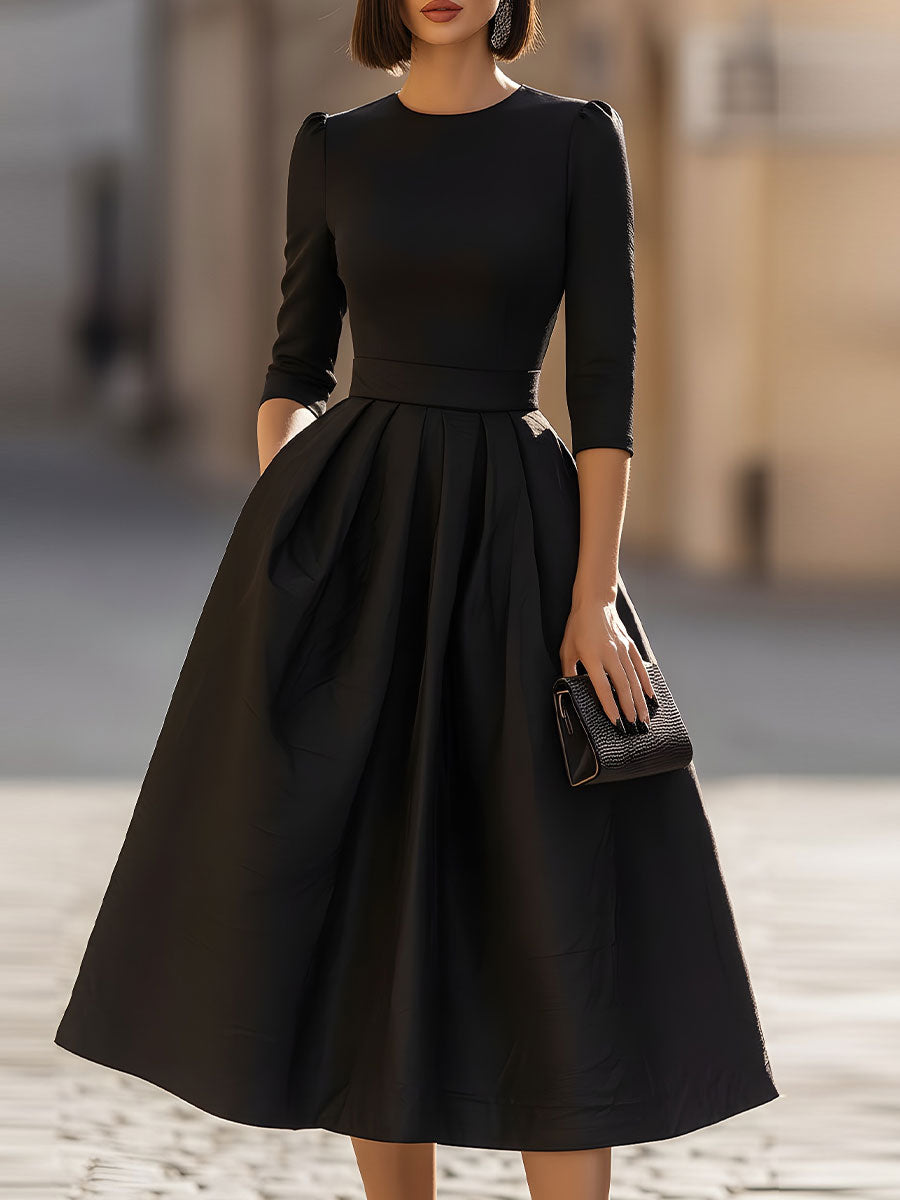 Black Crew-Neck Midi Dress