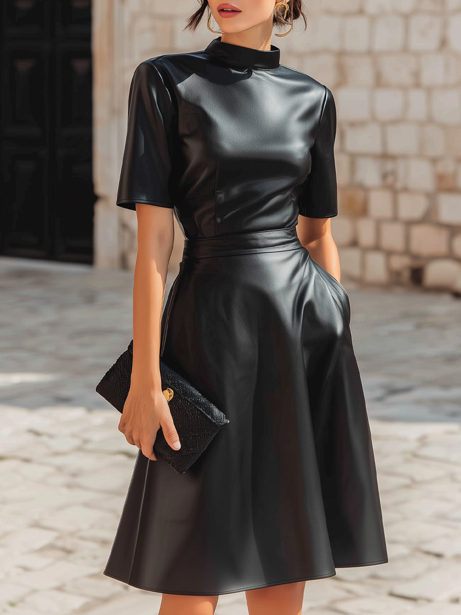 Structured Faux Leather Midi A-Line Dress