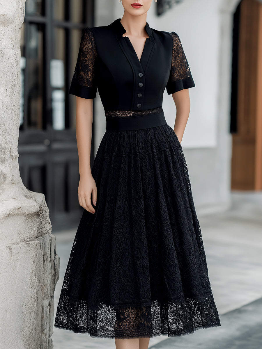 Lace Panel Button-Front Midi Dress