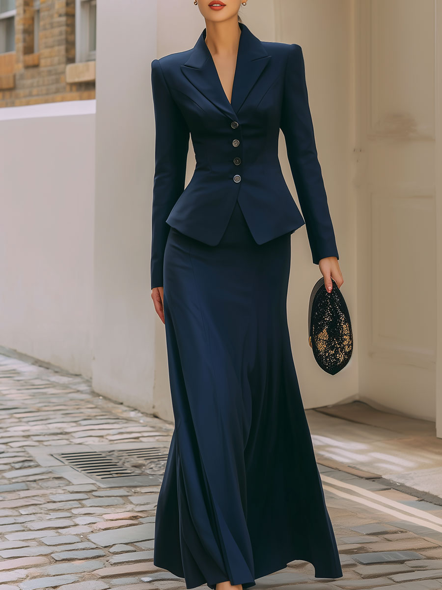 Tailored Peplum Blazer & Flared Maxi Skirt Suit Set