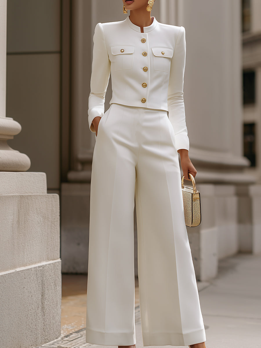 White Cropped Mandarin Collar Blazer & Wide-Leg Pants Set