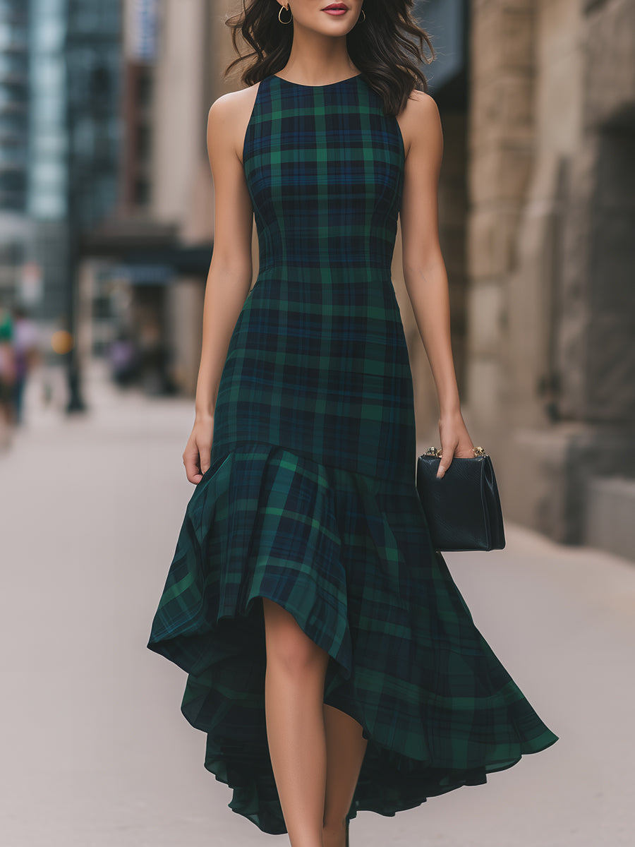 Green Plaid Sleeveless High Neck High-Low Midi Dress