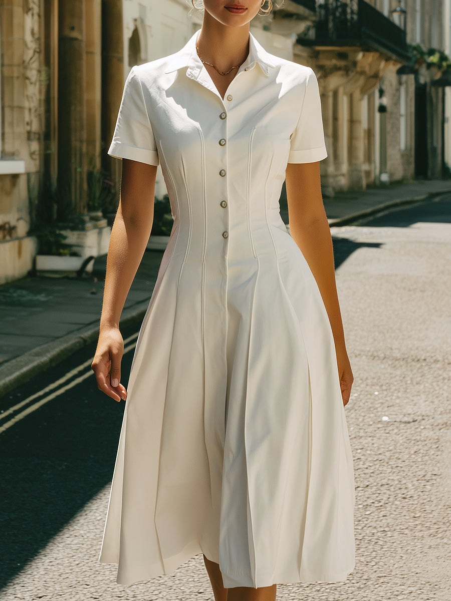 White Tailored Button-Front Midi Dress With Short Sleeves