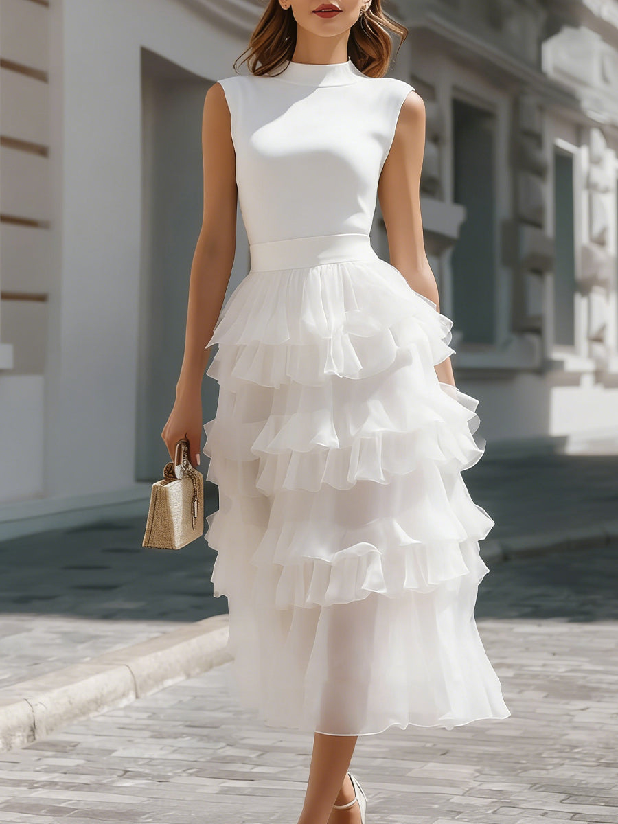 White Sleeveless High Neck Tiered Ruffle Tulle Midi Dress