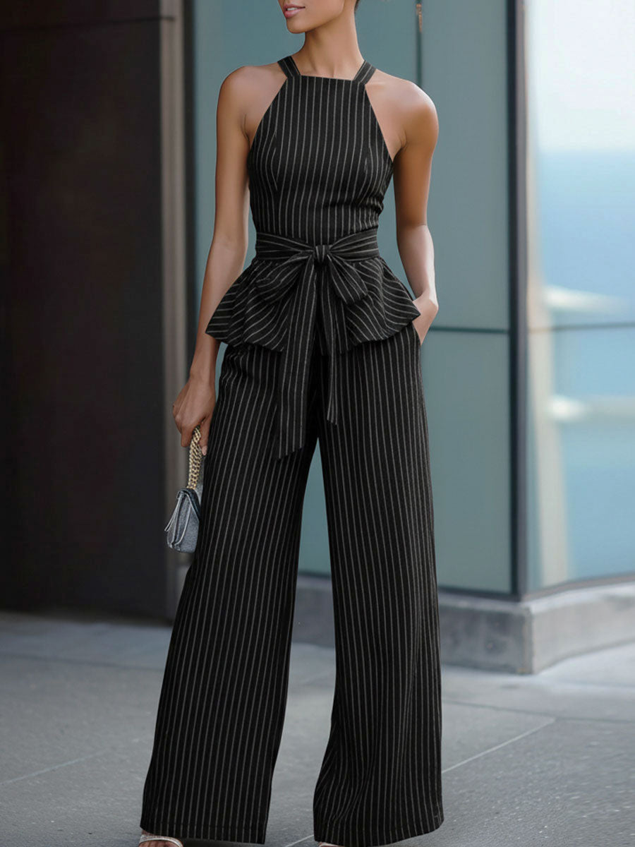 Black & White Striped Halter Peplum Two-Piece Set