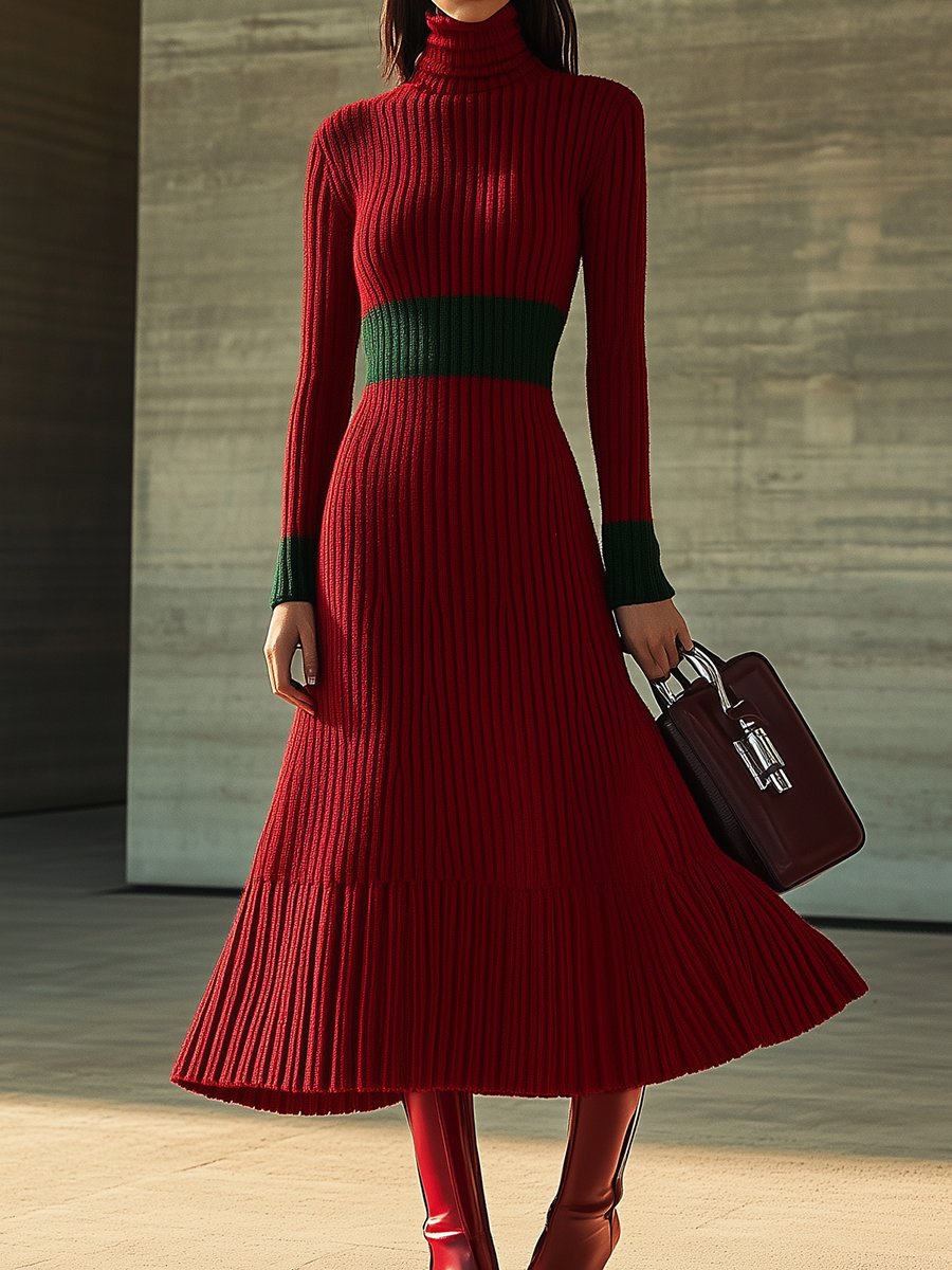 Festive Red Turtleneck Dress with Flattering Green Waistband