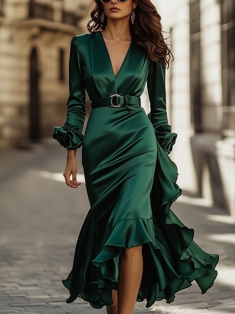 Elegant Green Satin Belted Midi Dress with Ruffled Sleeves