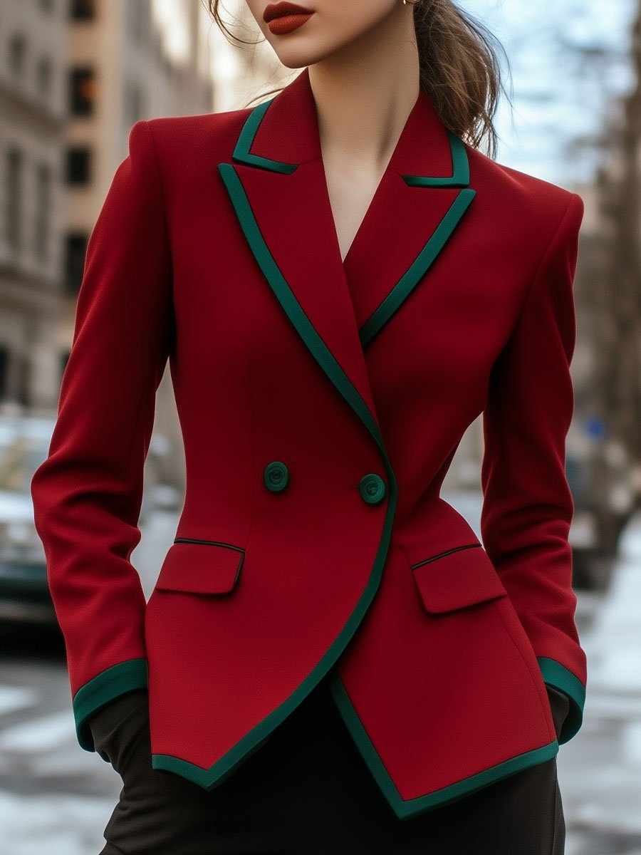 Chic Double-Breasted Red Blazer with Contrast Detailing