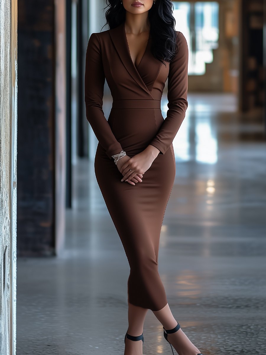 Coffee Brown Long-Sleeve Wrap Bodycon Dress