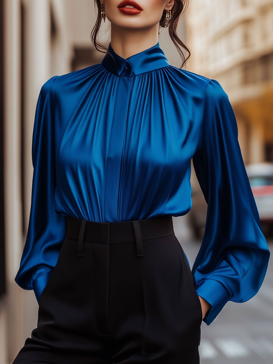 Sophisticated Blue Satin Shirt with Pleated Accents