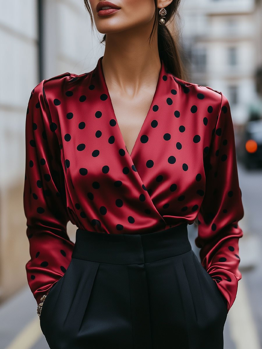 Chic Red Satin Polka Dot Blouse