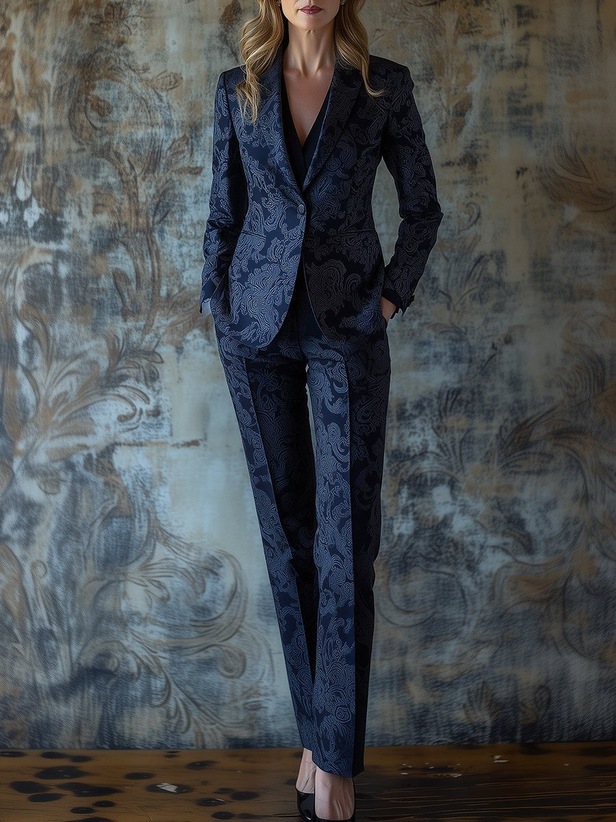 Understated Luxury Dark Blue Satin Paisley Jacquard Suit