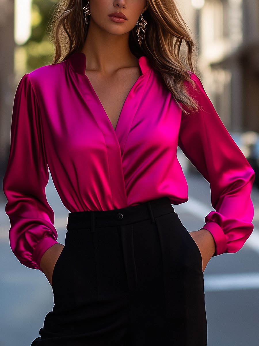 Vibrant Fuchsia Satin Blouse with Structured Silhouette